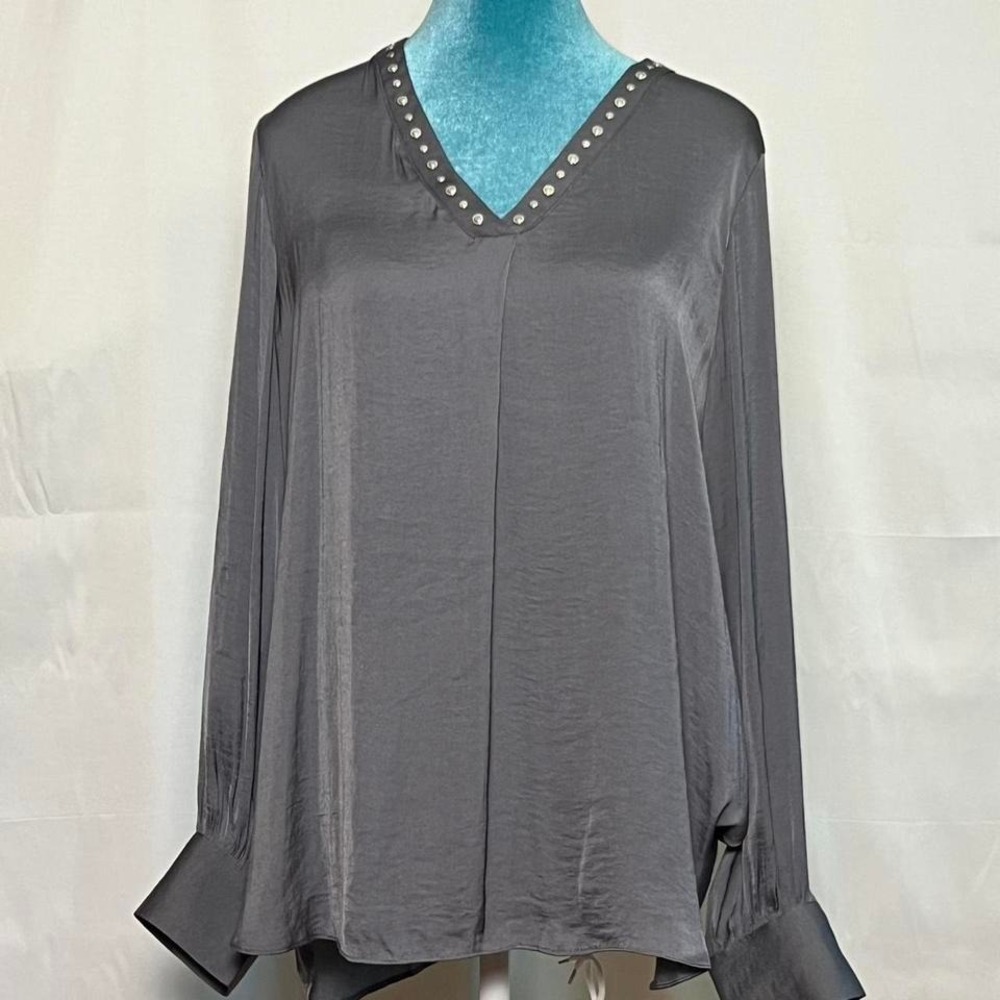 Indie Sleaze Carmen Marc Valvo Studded Satin Charcoal Dolman Top L